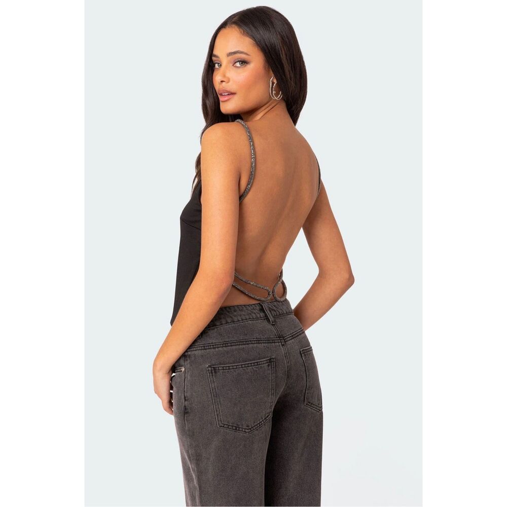 NWT Edikted Karli Rhinestone Jewel Black Open Back Going Out Top Size Medium